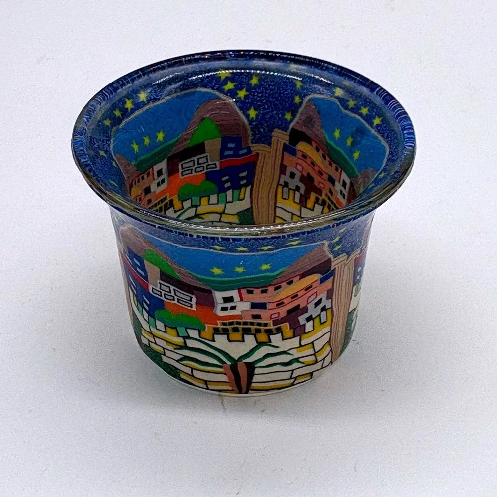 Hellmann Versand Leuchtglas Hand Painted Glass Votive Candle Holder Village Sky